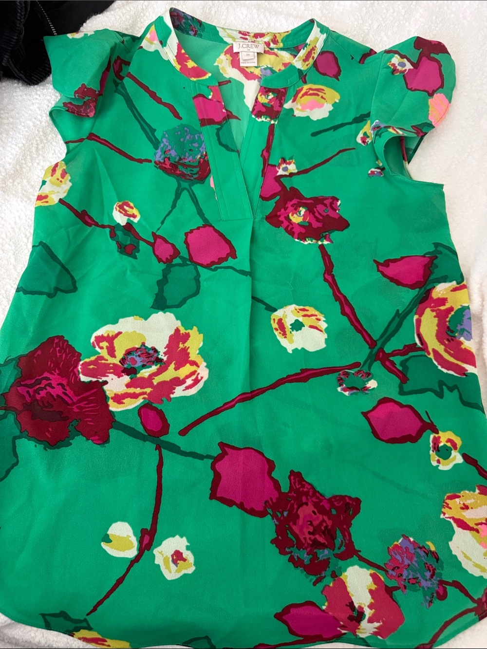 J. Crew Green Floral Flutter-Sleeve Top with Fuchsia & Yellow Accents